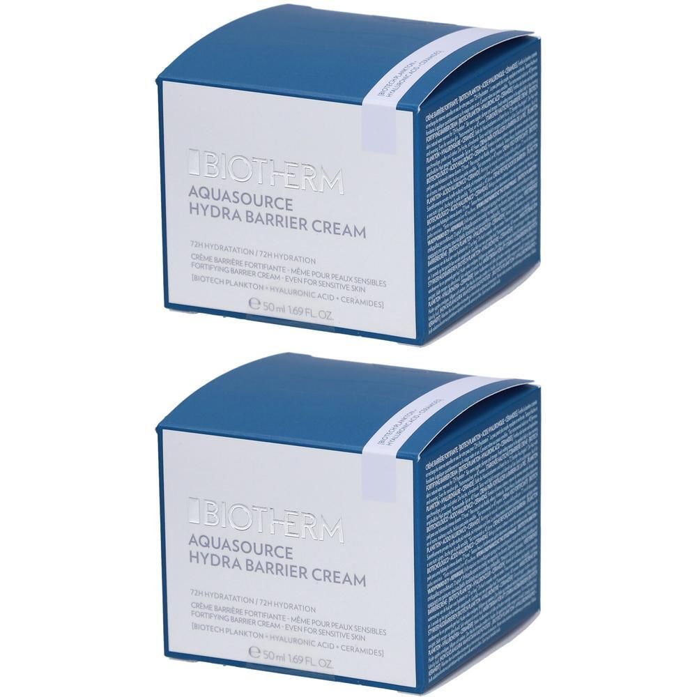 Zwei Biotherm Aquasource Hydra Barrier Cream Cremetiegel in blauer Verpackung.