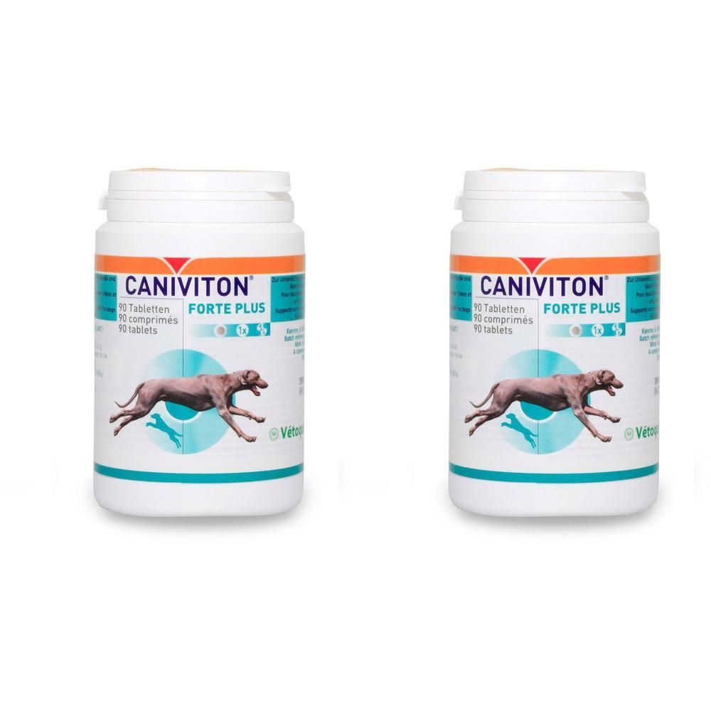 Zwei Dosen CaniViton® FORTE PLUS mit je 90 Tabletten und Hundemotiv.