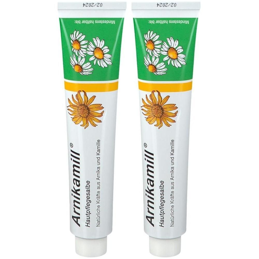 Zwei Tuben Arnikamill® Hautpflegesalbe mit Kamillen- und Arnika-Motiven.