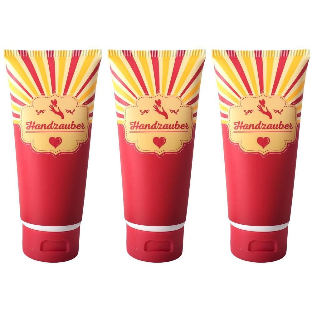Drei Tuben Handcreme mit rotem und gelbem Strahlenmuster und dem Schriftzug "Handzauber".
