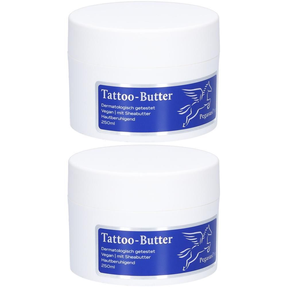Zwei weiße Tiegel mit Tattoo-Butter, 250ml. Dermatologisch getestet, vegan mit Sheabutter.