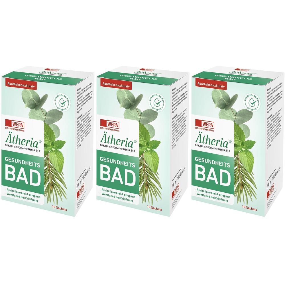 Drei Schachteln Ätheria® Gesundheitsbad mit Eukalyptus- und Minzmotiv. "Apothekenexklusiv" und "WEPA" sind sichtbar.