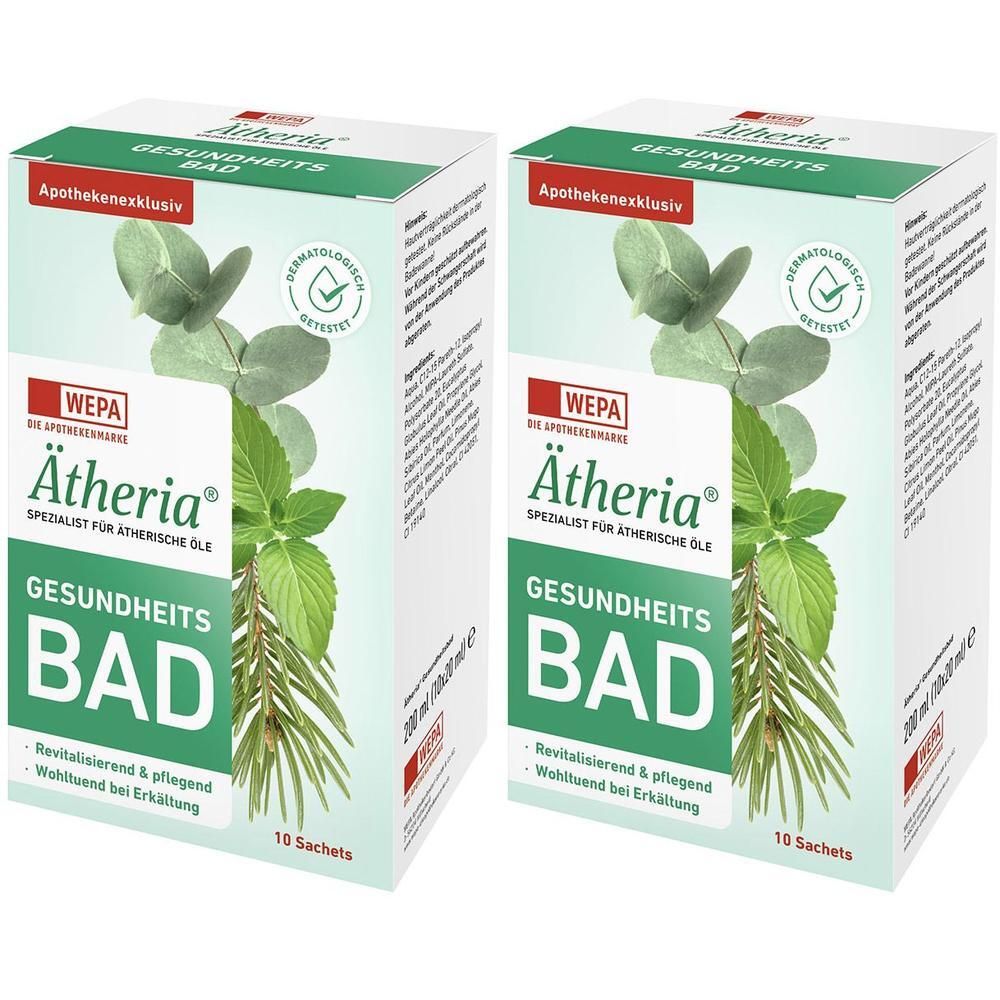 Zwei Packungen Ätheria® Gesundheitsbad mit je 10 Sachets. Apothekenexklusiv, dermatologisch getestet.