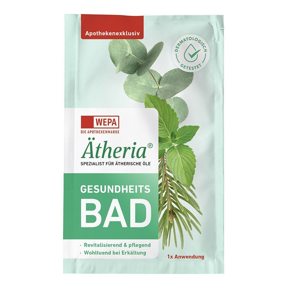 Ein Sachet Ätheria® Gesundheitsbad für eine Anwendung. Apothekenexklusiv, dermatologisch getestet.
