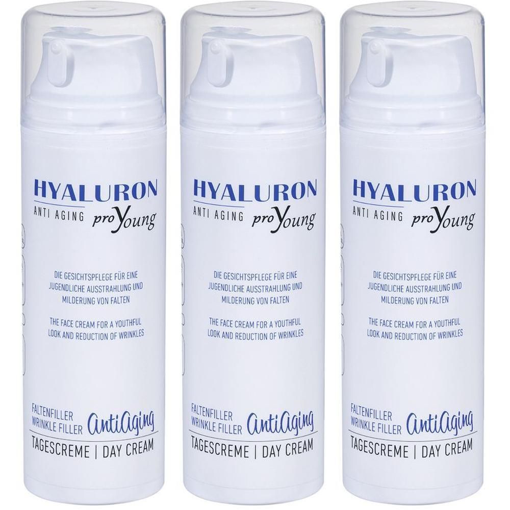 Drei weiße Pumpspender mit Hyaluron proYoung Anti-Aging Faltenfiller Tagescreme.