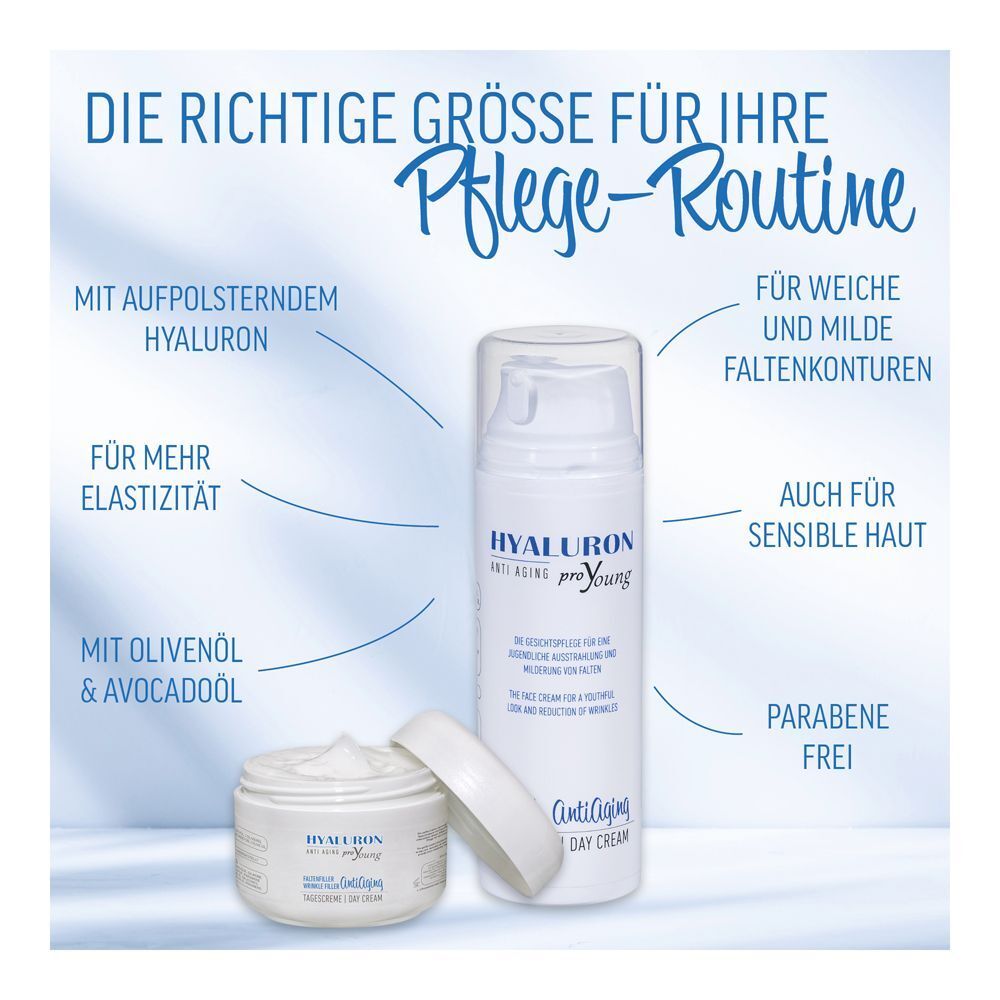 Hyaluron proYoung Anti-Aging Tagescreme Pumpspender und Tiegel. Mit Hyaluron, Olivenöl, Avocadoöl.