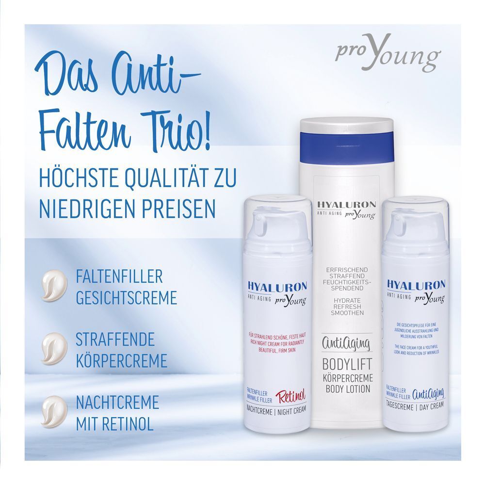Hyaluron proYoung Anti-Aging Trio: Bodylotion, Gesichtscreme, Nachtcreme. Mit Retinol.