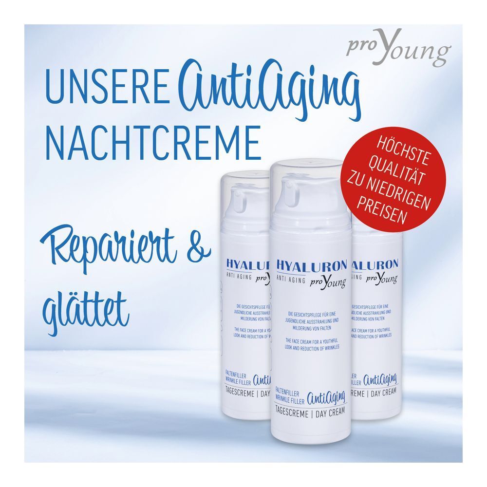 Drei weiße Airless-Spender mit blauem und silbernem Aufdruck, 'Hyaluron proYoung Anti Aging'.