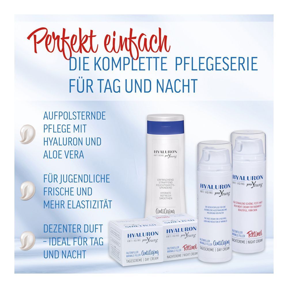 Pflegeserie 'Hyaluron proYoung Anti Aging': Tiegel, Spender und Flasche.