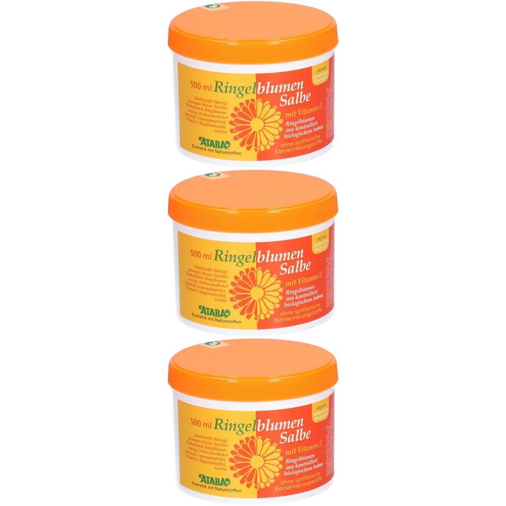 Drei Dosen ATABA-Ringelblumensalbe mit Vitamin E, 500 ml.