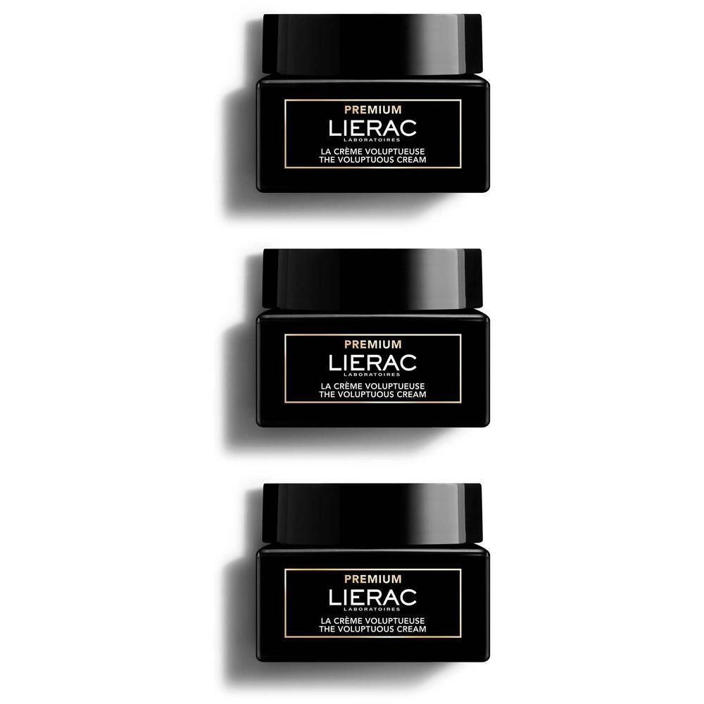 Drei LIERAC Premium Tiegel mit schwarzem Deckel und goldener Beschriftung.