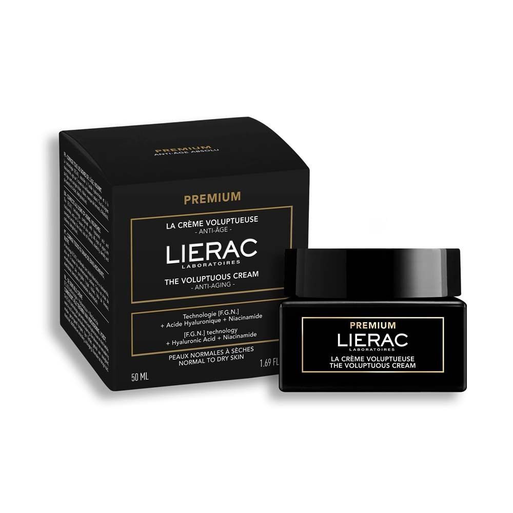 Ein LIERAC Premium Tiegel und seine Umverpackung, beide mit goldener Beschriftung.