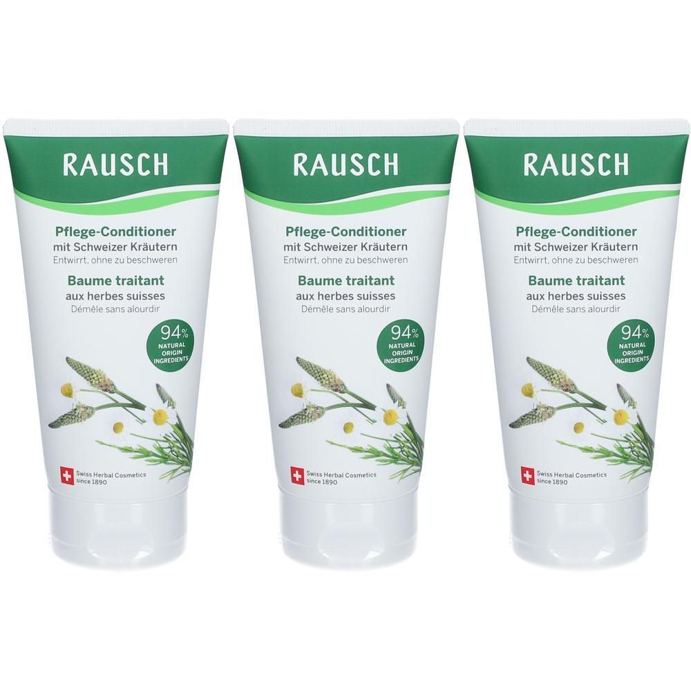Drei Tuben RAUSCH Pflege-Conditioner mit Schweizer Kräutern, mit Kräuterabbildung und 94% natürlichen Inhaltsstoffen.