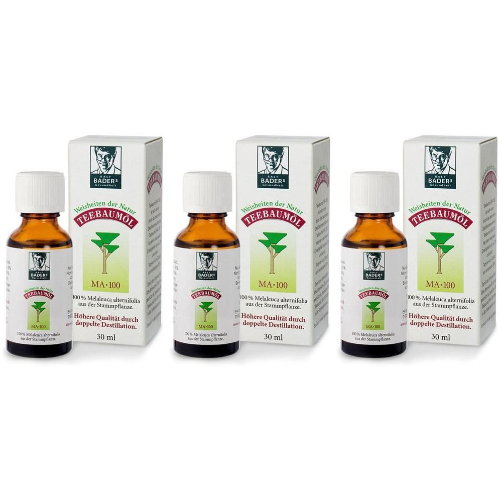 Drei Flaschen Teebaumöl MA-100 von BADER, jeweils 30 ml, mit Faltschachteln.