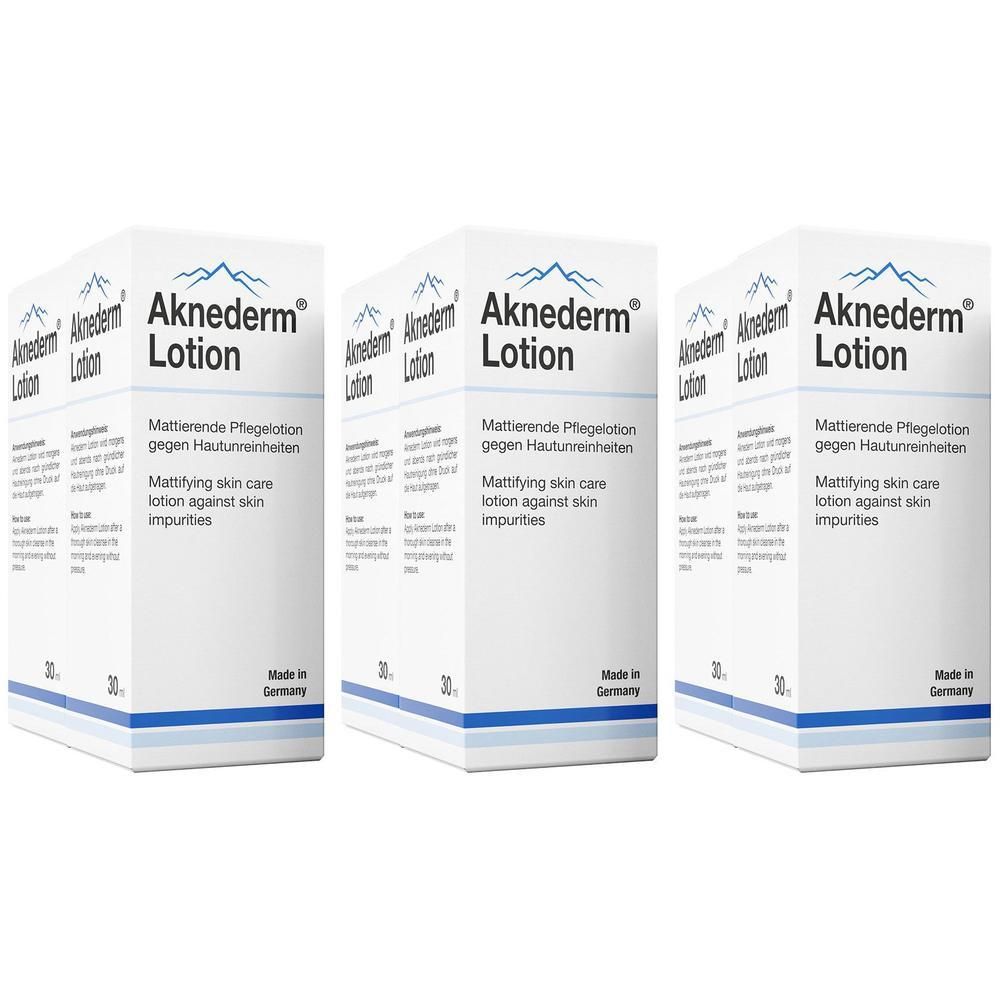 Drei Packungen Aknederm Lotion mit Mattierendem Pflege-Lotion-Schriftzug und Bergmotiv.