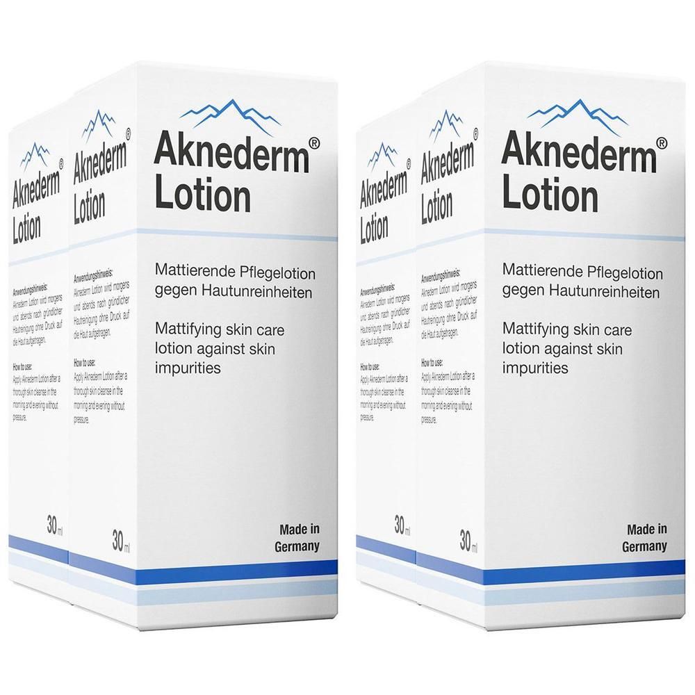 Zwei Packungen Aknederm Lotion mit je 30ml. Mattierende Hautpflege gegen Hautunreinheiten. Hergestellt in Deutschland.