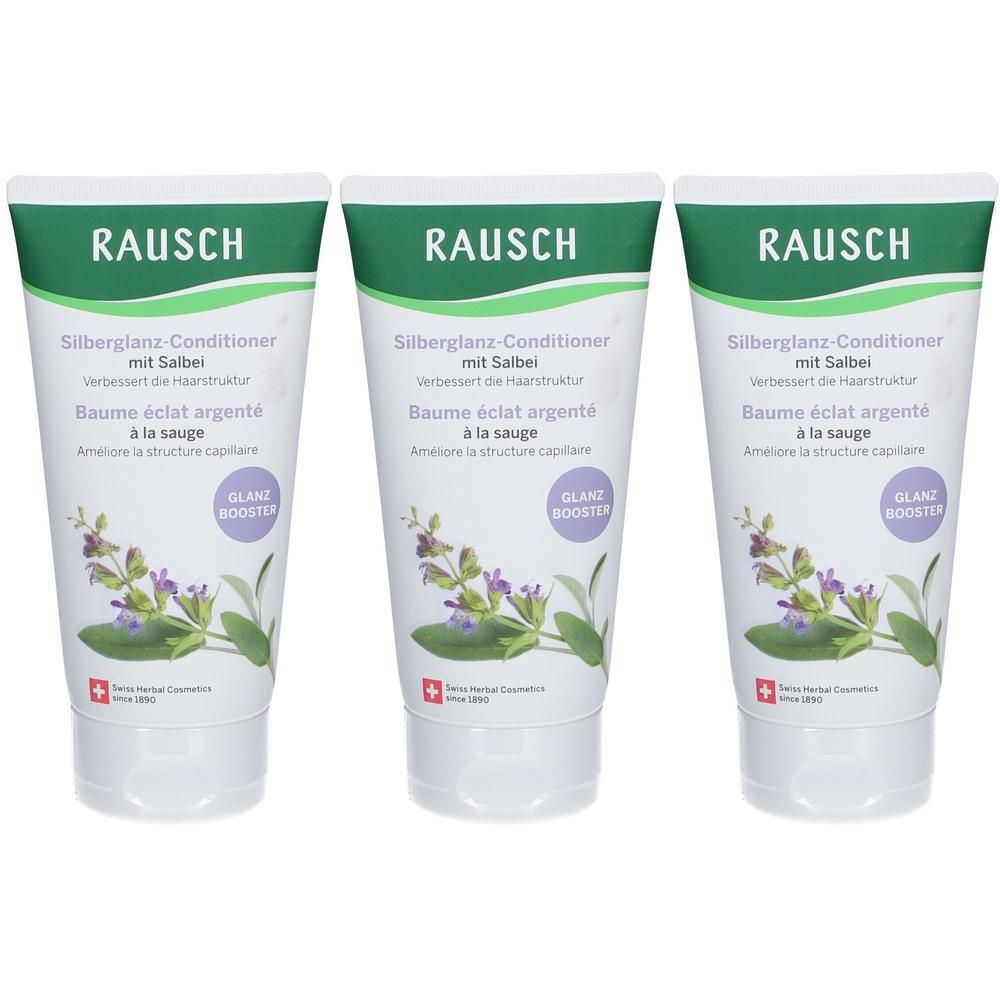 Drei RAUSCH Silberglanz-Conditioner mit Salbei in Tuben mit Kräuterabbildung und Schweizer Kreuz.