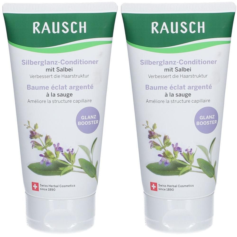 Zwei Tuben RAUSCH Silberglanz-Conditioner mit Salbei. Mit Salbeibild und Glanz-Booster-Aufdruck.