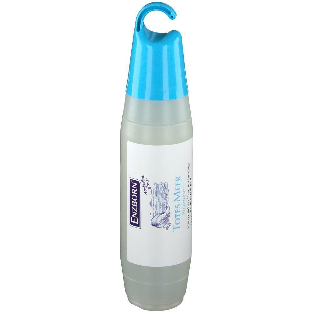 ENZBORN® Totes Meer Shampoo Flasche mit blauem Verschluss und Aufhängehaken. Transparente Flüssigkeit.