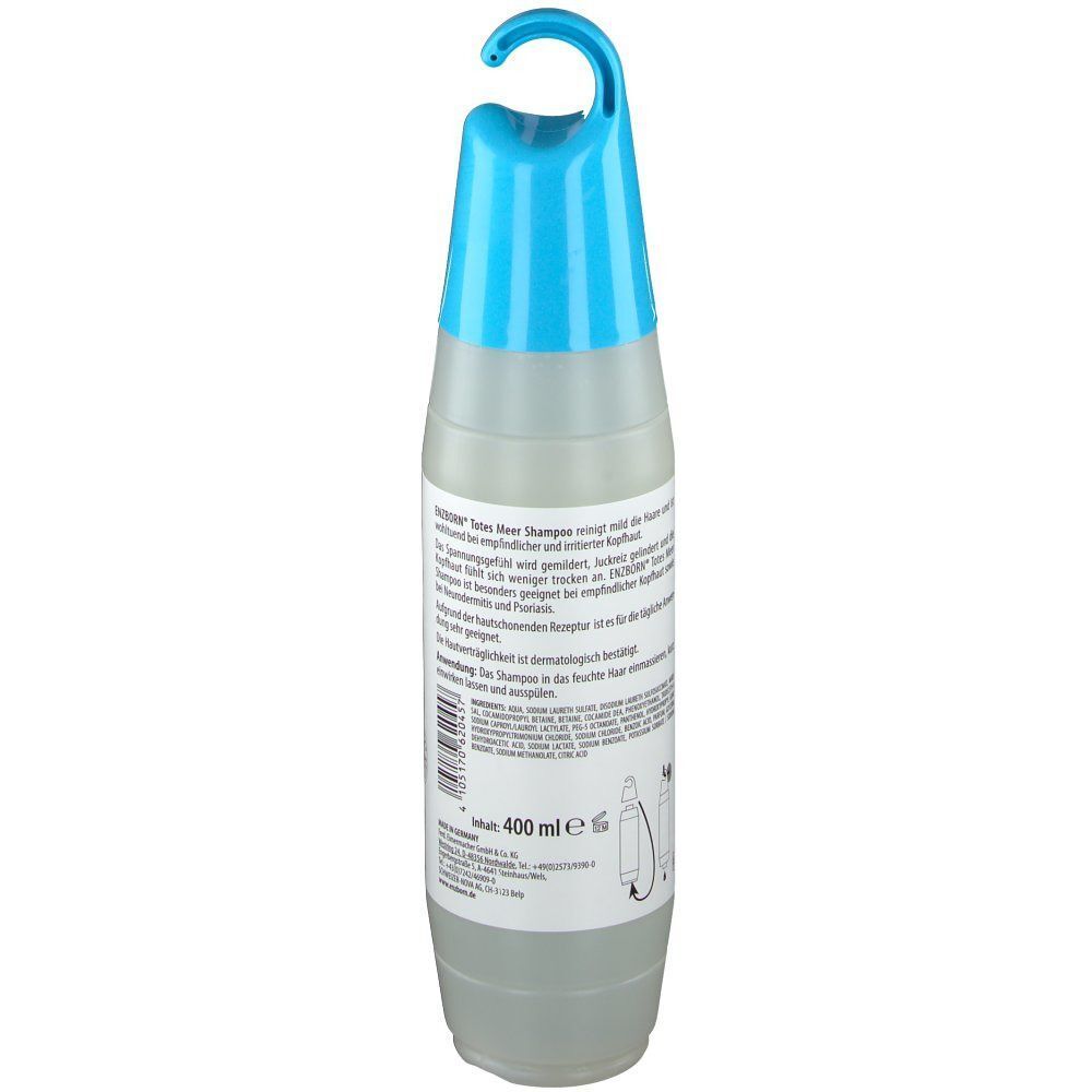 ENZBORN® Totes Meer Shampoo Flasche, 400 ml. Rückseite mit Anwendungshinweisen und Volumenangabe.