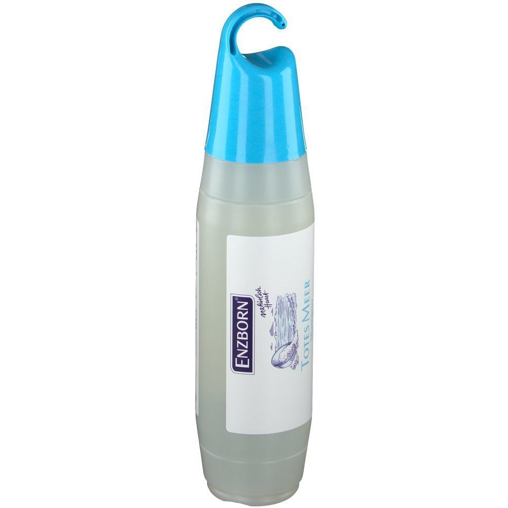 ENZBORN® Totes Meer Shampoo Flasche mit blauem Verschluss und Aufhängehaken. Etikett mit Meeresmotiv.