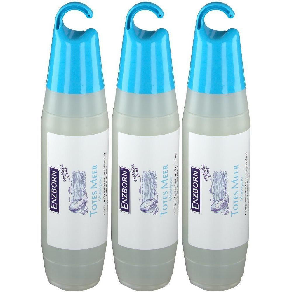Drei ENZBORN® Totes Meer Shampoo Flaschen mit blauem Aufhänger.