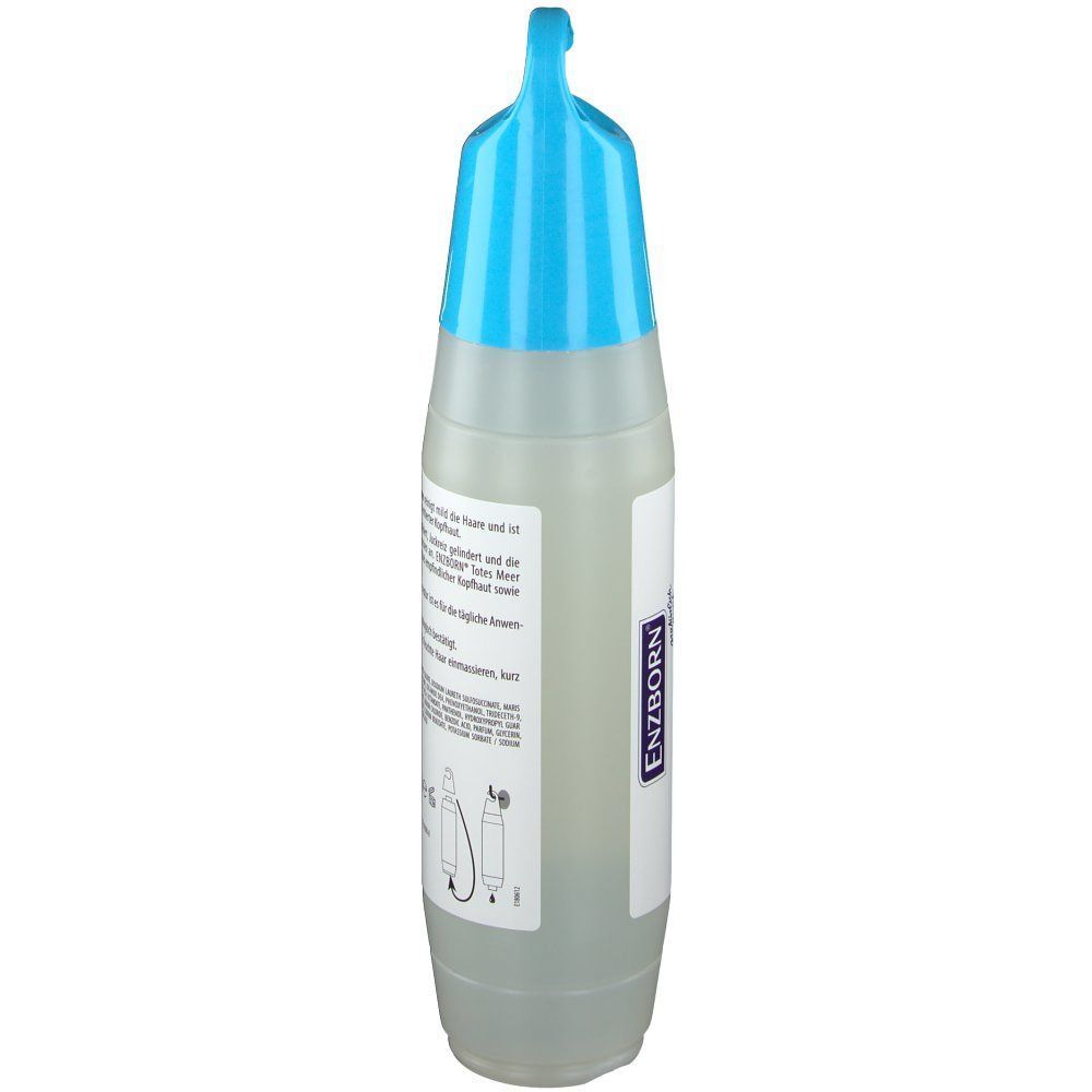 ENZBORN® Totes Meer Shampoo Flasche, Seitenansicht mit blauem Aufhänger.