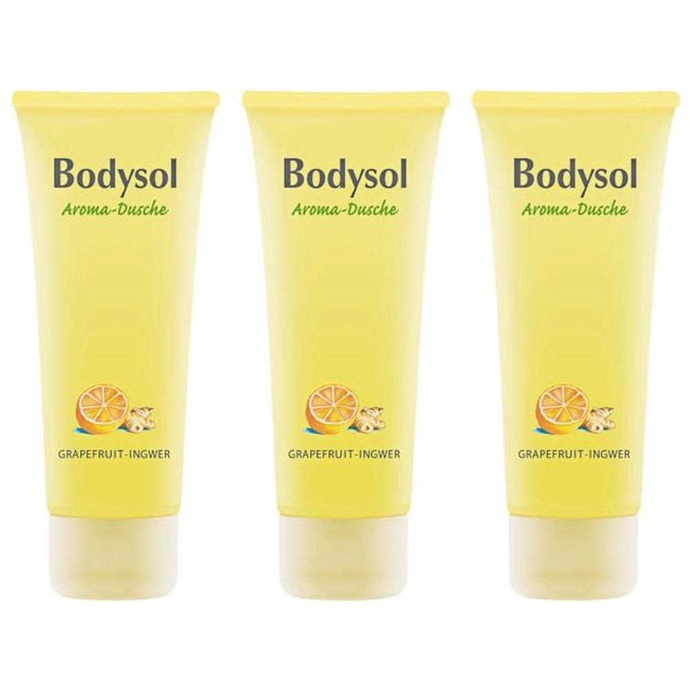 Drei gelbe Tuben Bodysol Aroma-Dusche Grapefruit-Ingwer mit Abbildung von Grapefruit und Ingwer.