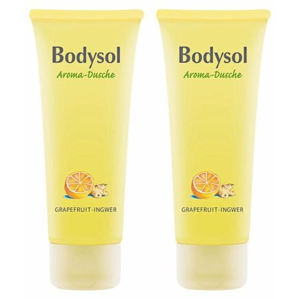 Zwei gelbe Tuben Bodysol Aroma-Dusche Grapefruit-Ingwer mit Abbildung einer Grapefruit und Ingwer.
