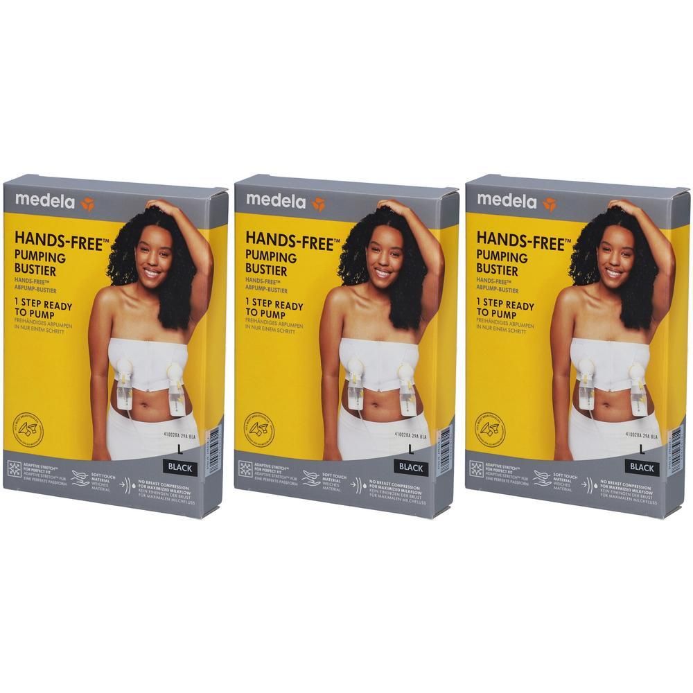 Drei Medela Hands-free™ Pump-Bustier-Verpackungen in Schwarz. Jede Packung zeigt eine Frau mit dem Bustier.
