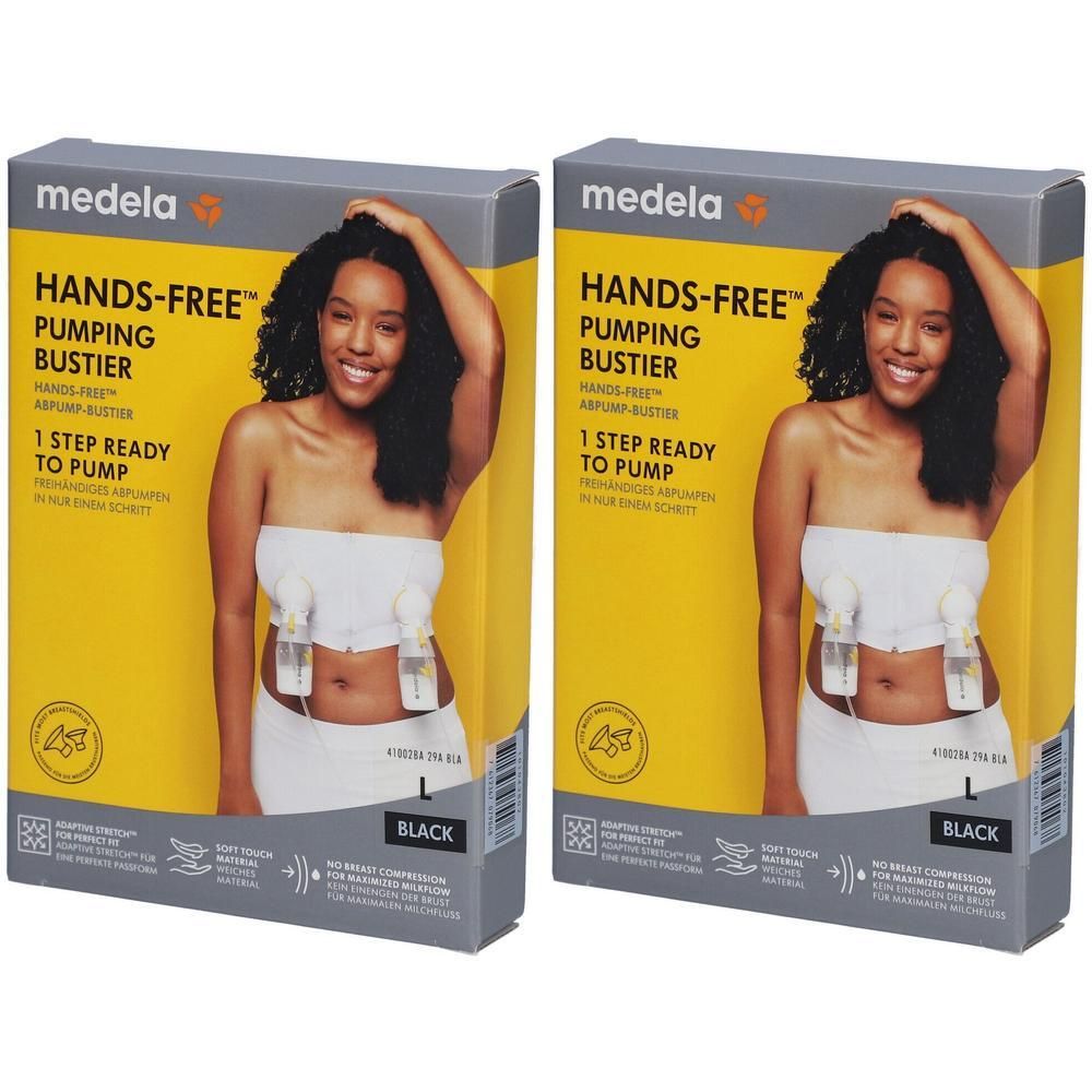 Zwei Medela Hands-free™ Abpump-Bustier Kartons in Schwarz, Gr. L. Zeigt eine Frau mit dem Bustier.