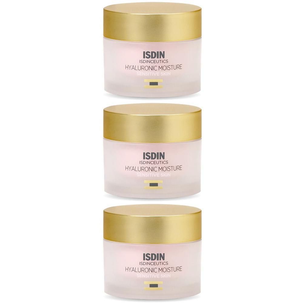 Drei ISDINCEUTICS Hyaluronic Moisture Cremetiegel mit goldenen Deckeln.
