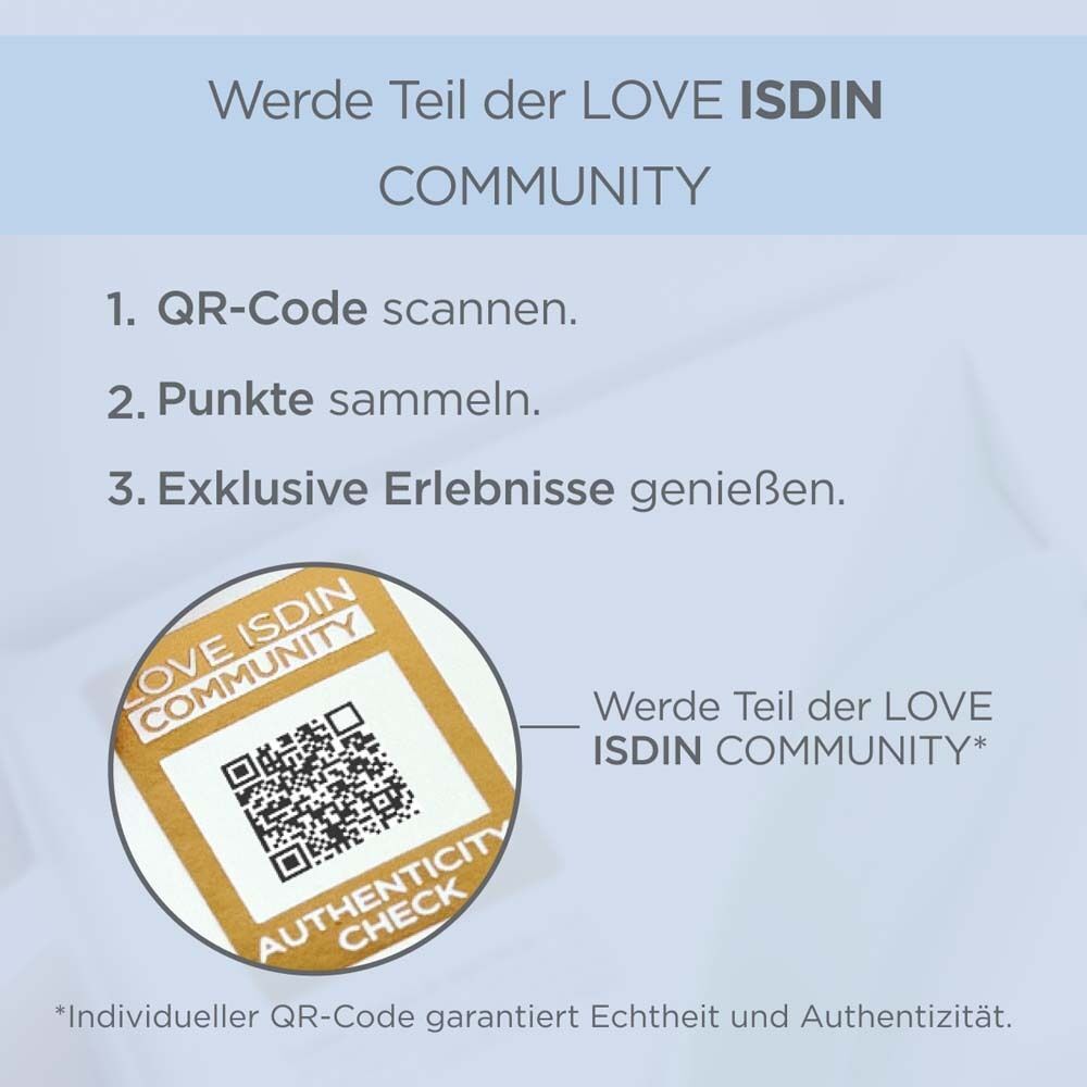 QR-Code und Text zur ISDIN Community und Echtheitsprüfung.