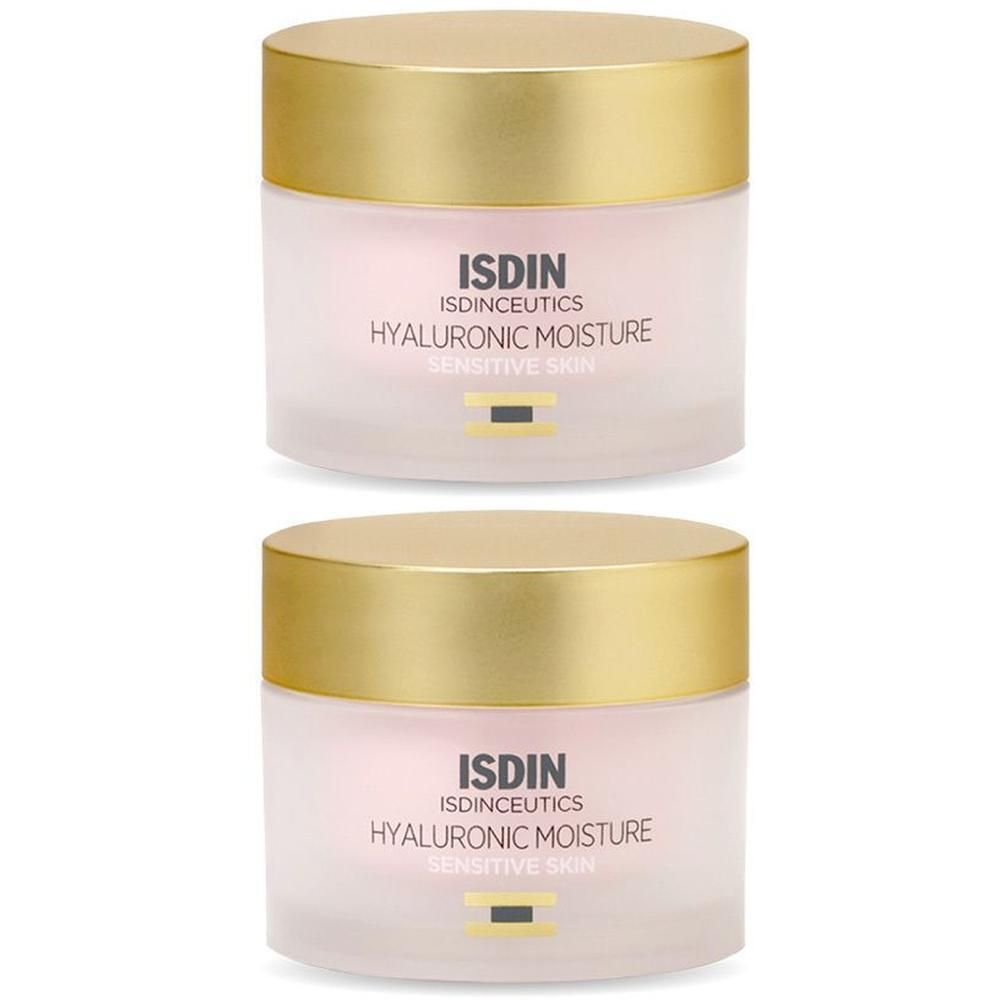 Zwei ISDINCEUTICS Hyaluronic Moisture Feuchtigkeitscreme Tiegel mit goldenem Deckel.