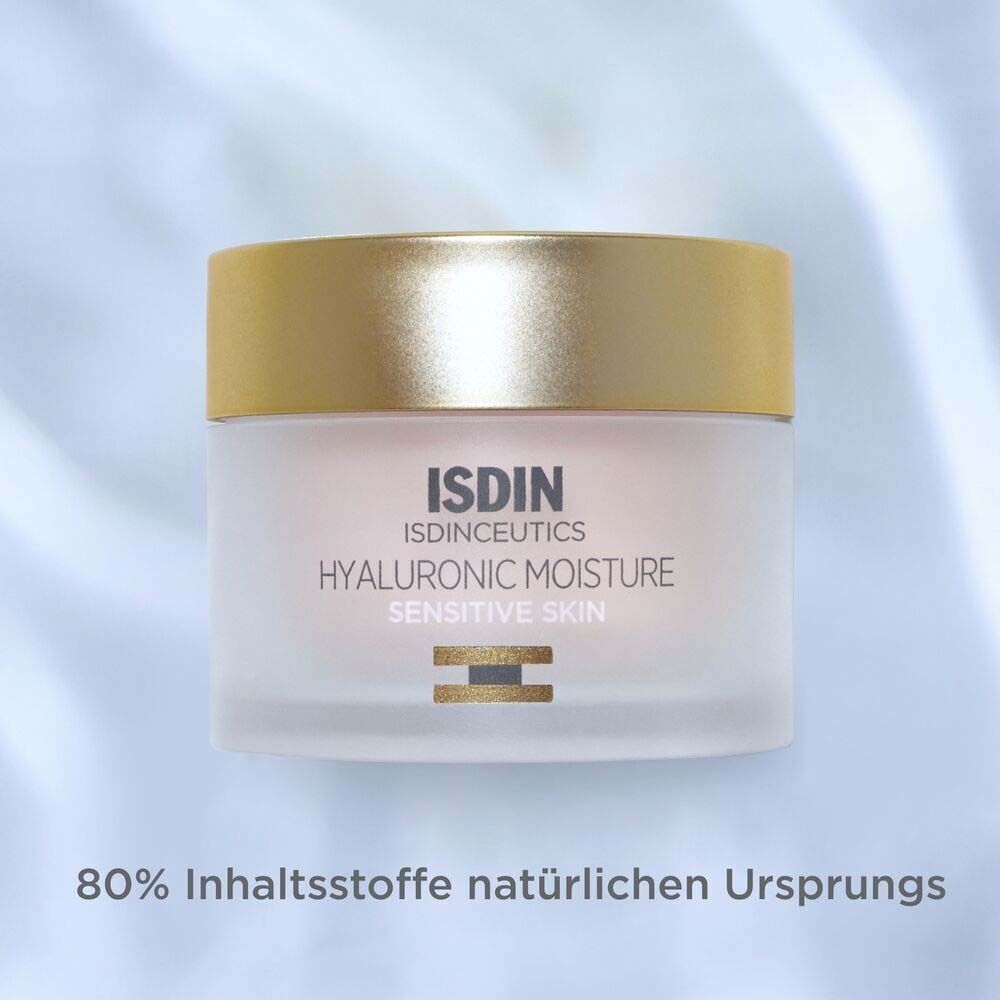 ISDINCEUTICS Hyaluronic Moisture Tiegel für empfindliche Haut mit Text über Inhaltsstoffe.