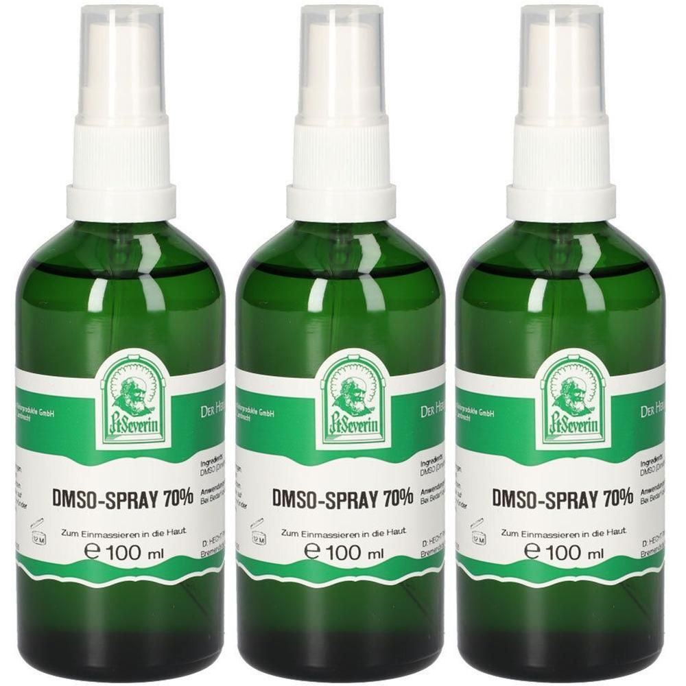 Drei grüne Sprühflaschen mit DMSO-Spray 70%, 100 ml.