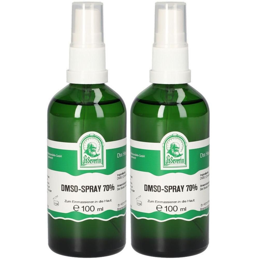 Zwei grüne Sprühflaschen mit DMSO-Spray 70%, 100 ml.