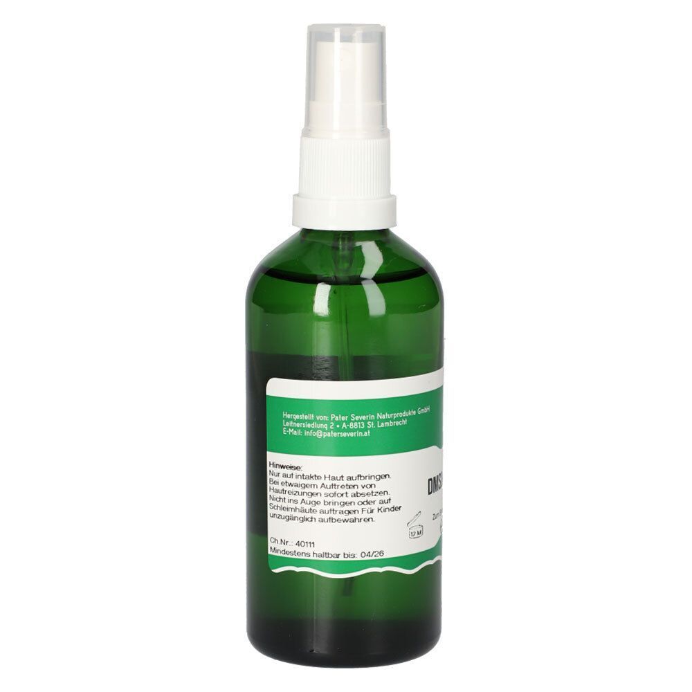 Grüne Sprühflasche mit DMSO-Spray 70%, 100 ml, Rückseite mit Produktinformationen.