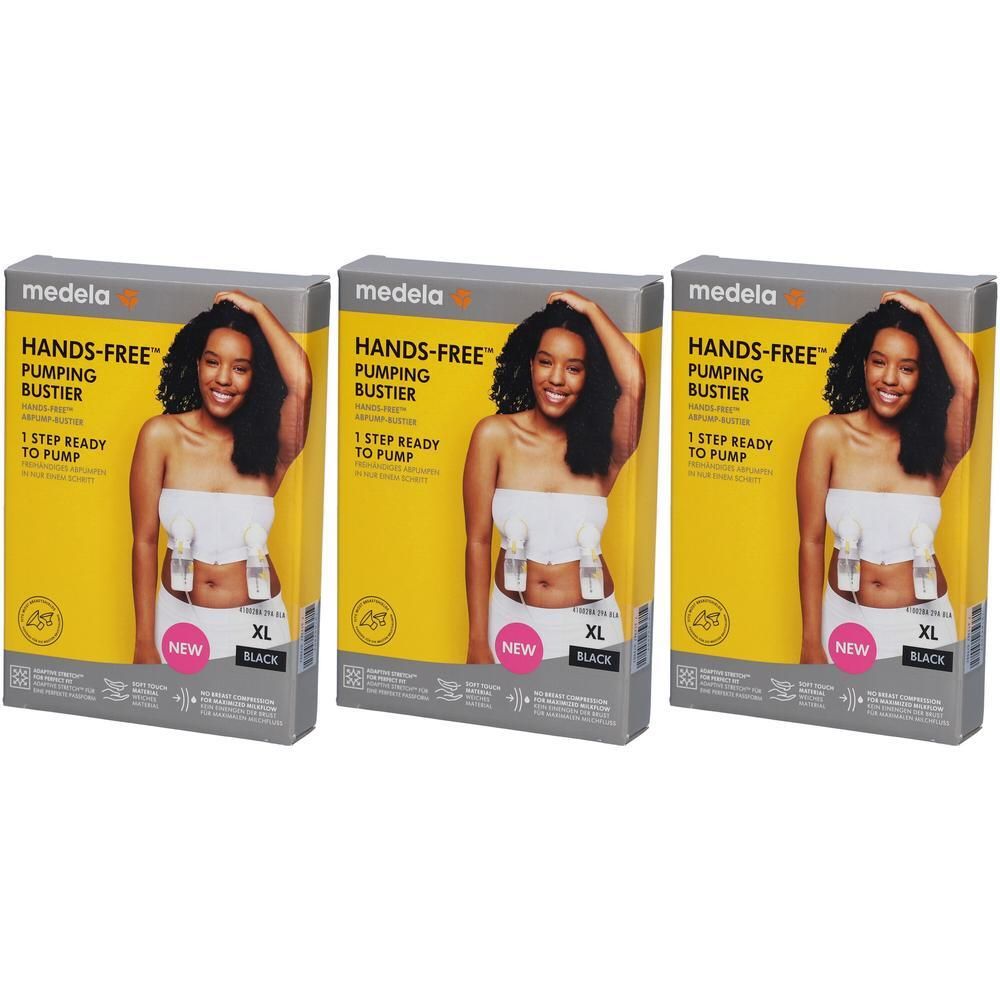 Drei Medela Hands-free™ Abpump-Bustier-Verpackungen in Schwarz, Größe XL.