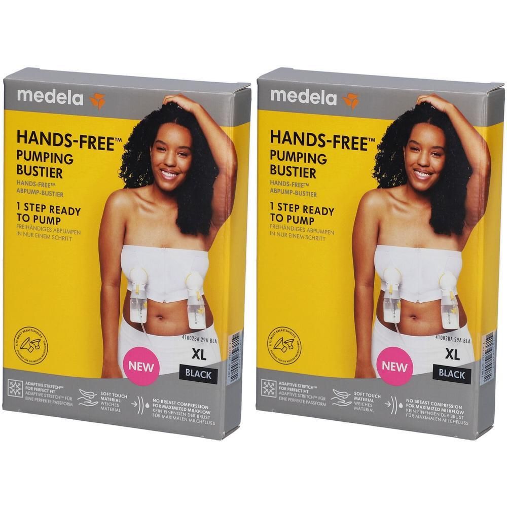Zwei Packungen Medela Hands-free™ Abpump-Bustier in Schwarz, Größe XL. Vorderseite zeigt Frau mit Bustier und Pumpflaschen.