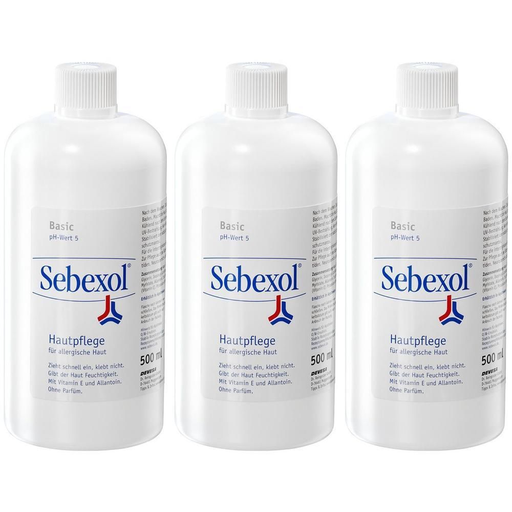 Drei weiße Sebexol® Basic Hautpflege-Flaschen mit 500 ml Inhalt.