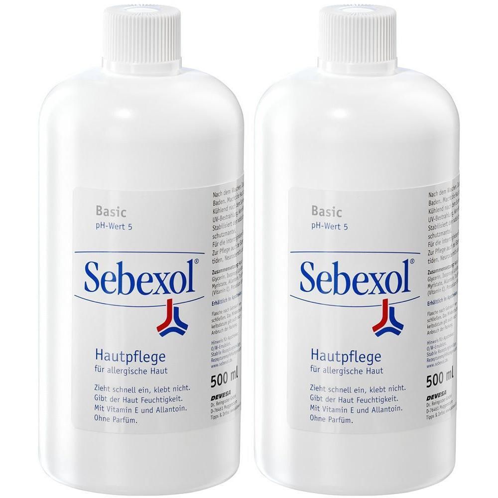 Zwei weiße Sebexol® Basic Hautpflege Flaschen, je 500 ml.