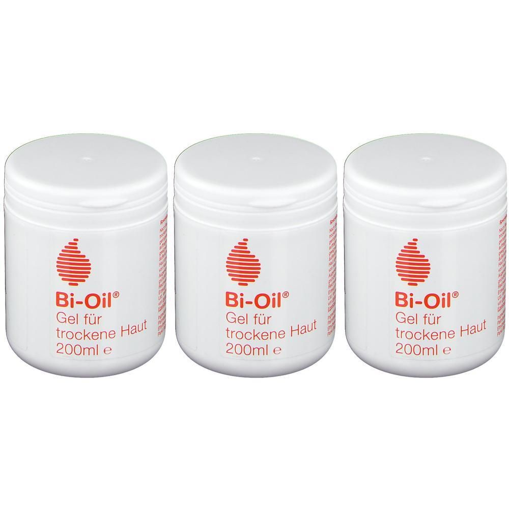 Drei weiße Tiegel mit Bi-Oil® Gel für trockene Haut, jeweils 200ml.