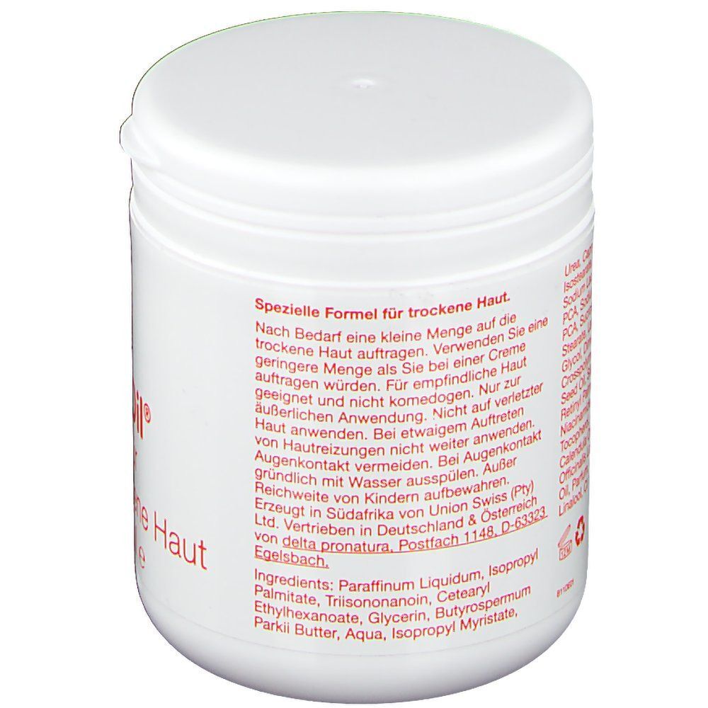 Rückseite eines weißen Tiegels mit Bi-Oil® Gel für trockene Haut, mit Inhaltsstoffen.