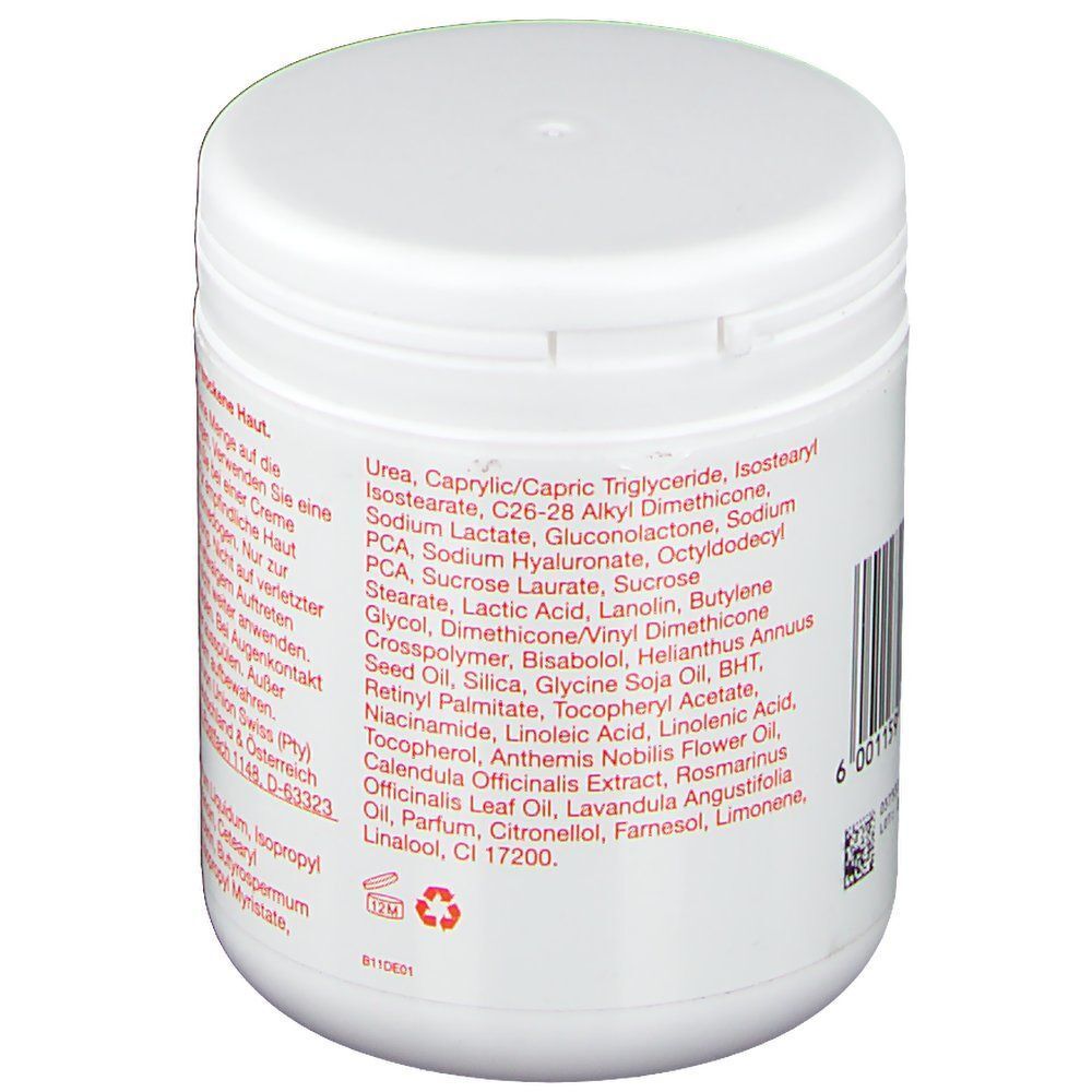 Seite eines weißen Tiegels mit Bi-Oil® Gel für trockene Haut, mit Inhaltsstoffen und Barcode.