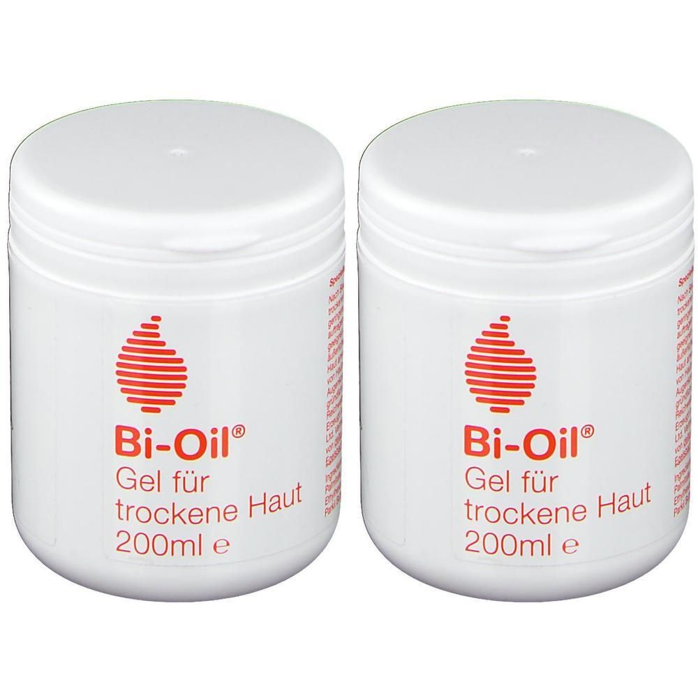 Zwei weiße Tiegel mit Bi-Oil Gel für trockene Haut, jeweils 200ml.