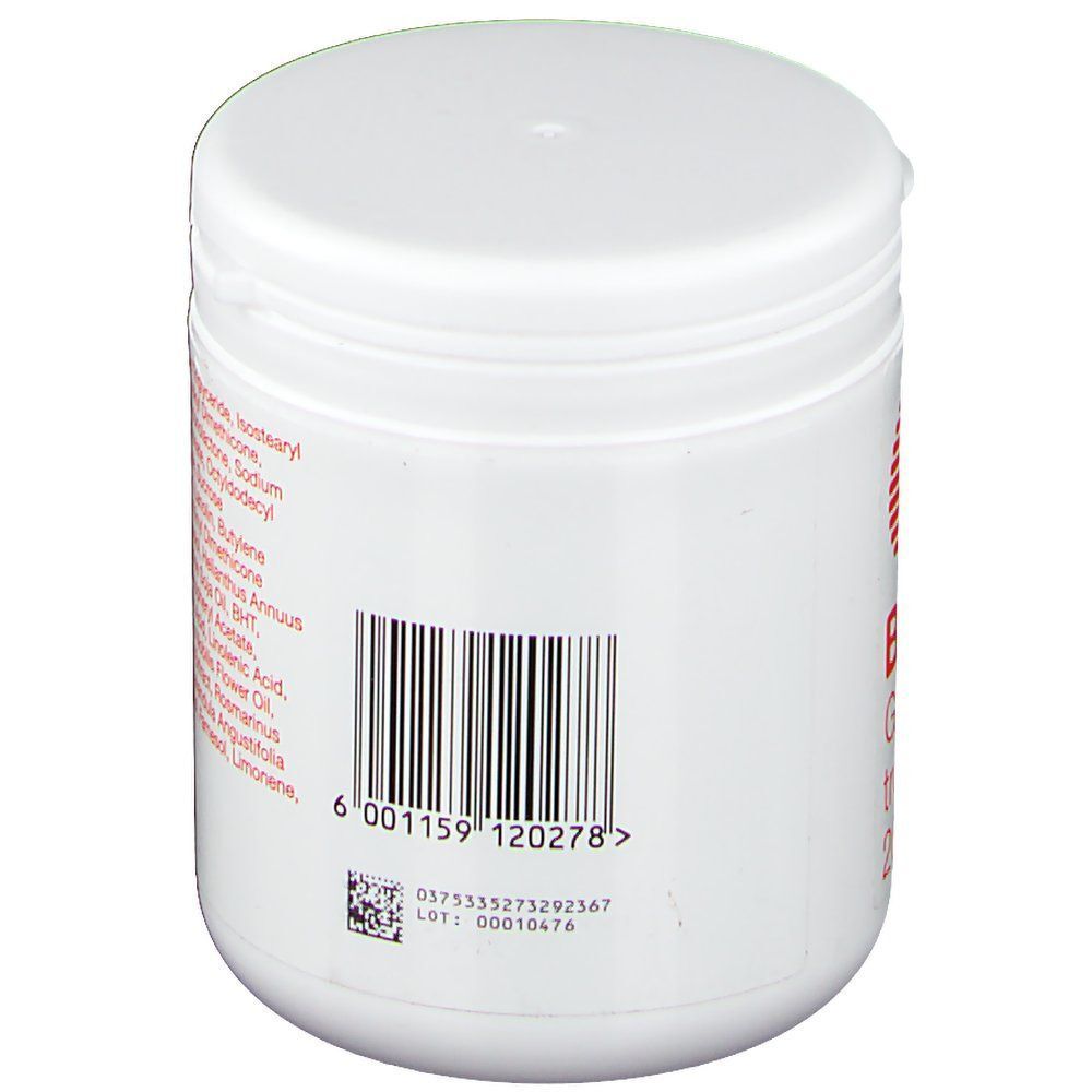 Rückseite eines Tiegels mit Bi-Oil Gel für trockene Haut, mit Barcode.