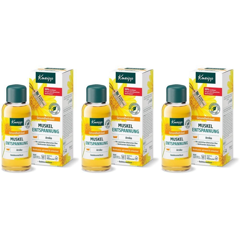 Drei Flaschen Kneipp Muskel Entspannung Arnika Badezusatz mit Verpackung.