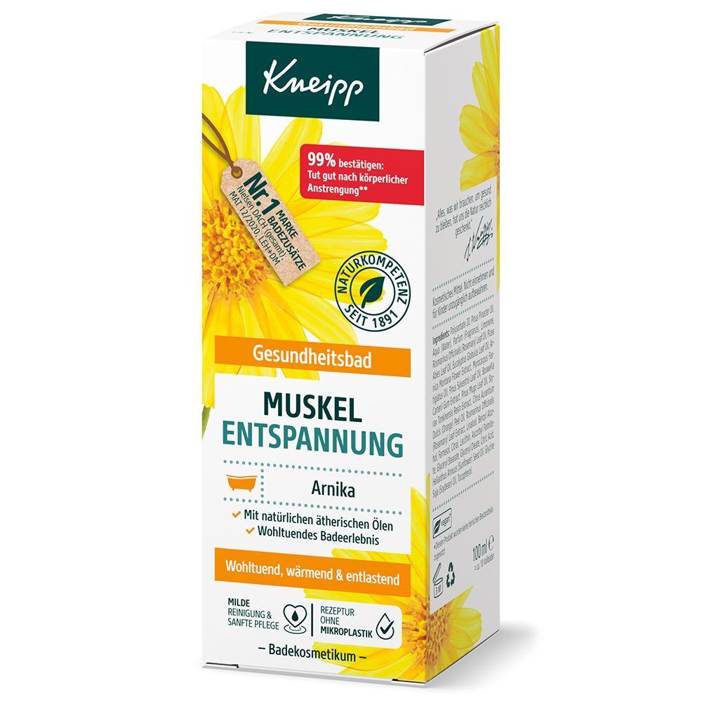 Kneipp Muskel Entspannung Arnika Badezusatz Verpackung mit Arnika-Motiv und Produktinformationen.