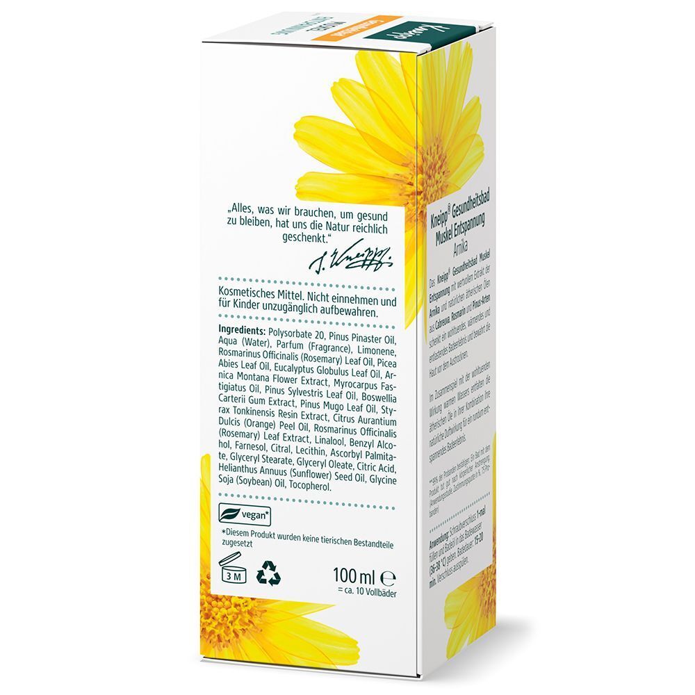 Rückseite der Kneipp Muskel Entspannung Arnika Badezusatz Verpackung mit Inhaltsstoffen und Siegeln.